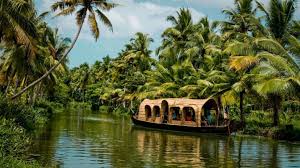 Beautiful Kerala backwaters with houseboats and coconut trees